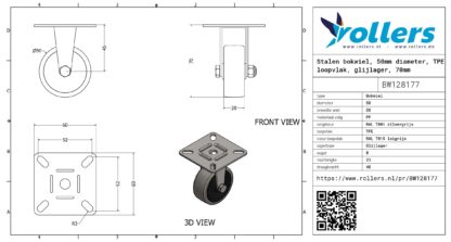 Stalen bokwiel, 50mm diameter, TPE loopvlak, glijlager, 70mm bouwhoogte - Afbeelding 3