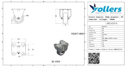 Stalen bokwiel, 80mm diameter, PU loopvlak, rollager, 108mm bouwhoogte - Afbeelding 3