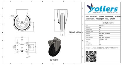 Rvs bokwiel, 200mm diameter, rubber loopvlak, rollager RVS, 240mm bouwhoogte - Afbeelding 3