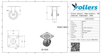 Stalen bokwiel, 50mm diameter, TPE loopvlak, kogellager, 70mm bouwhoogte - Afbeelding 3