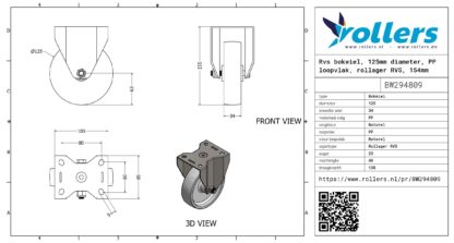 Rvs bokwiel, 125mm diameter, PP loopvlak, rollager RVS, 154mm bouwhoogte - Afbeelding 3
