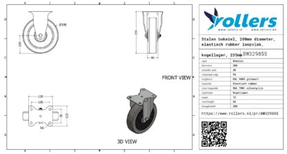 Stalen bokwiel, 200mm diameter, elastisch rubber loopvlak, kogellager, 235mm bouwhoogte - Afbeelding 3