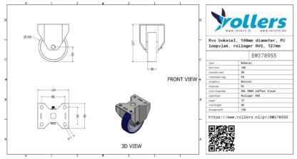 Rvs bokwiel, 100mm diameter, PU loopvlak, rollager RVS, 127mm bouwhoogte - Afbeelding 3