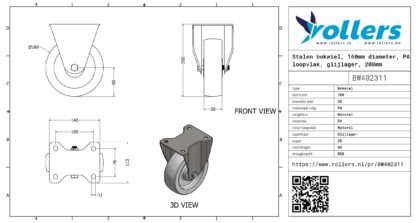 Stalen bokwiel, 160mm diameter, PA loopvlak, glijlager, 200mm bouwhoogte - Afbeelding 3