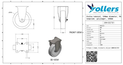 Stalen bokwiel, 200mm diameter, PA loopvlak, glijlager, 248mm bouwhoogte - Afbeelding 3
