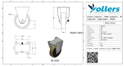 Stalen bokwiel, 150mm diameter, PU loopvlak, kogellager, 202mm bouwhoogte - Afbeelding 3