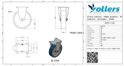Stalen bokwiel, 200mm diameter, PU loopvlak, glijlager, 235mm bouwhoogte - Afbeelding 3