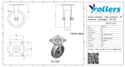 Stalen bokwiel, 75mm diameter, PP loopvlak, glijlager, 98.5mm bouwhoogte - Afbeelding 3