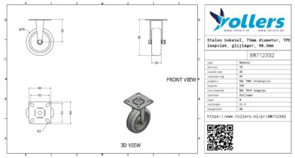 Stalen bokwiel, 75mm diameter, TPE loopvlak, glijlager, 98.5mm bouwhoogte - Afbeelding 3