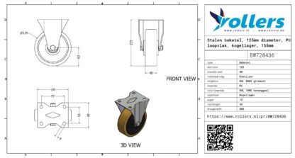 Stalen bokwiel, 125mm diameter, PU loopvlak, kogellager, 158mm bouwhoogte - Afbeelding 3