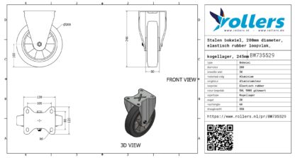 Stalen bokwiel, 200mm diameter, elastisch rubber loopvlak, kogellager, 245mm bouwhoogte - Afbeelding 3