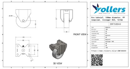 Rvs bokwiel, 100mm diameter, PP loopvlak, rollager RVS, 127mm bouwhoogte - Afbeelding 3