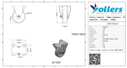 Stalen bokwiel, 100mm diameter, PU loopvlak, rollager, 128mm bouwhoogte - Afbeelding 3