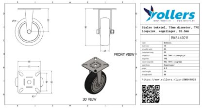 Stalen bokwiel, 75mm diameter, TPE loopvlak, kogellager, 98.5mm bouwhoogte - Afbeelding 3