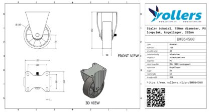Stalen bokwiel, 150mm diameter, PU loopvlak, kogellager, 202mm bouwhoogte - Afbeelding 3