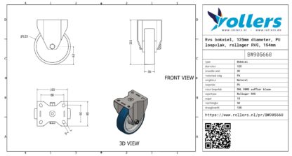 Rvs bokwiel, 125mm diameter, PU loopvlak, rollager RVS, 154mm bouwhoogte - Afbeelding 3