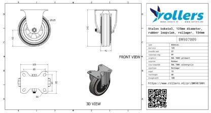 Stalen bokwiel, 125mm diameter, rubber loopvlak, rollager, 154mm bouwhoogte - Afbeelding 3