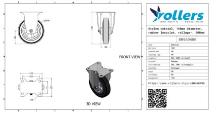 Stalen bokwiel, 160mm diameter, rubber loopvlak, rollager, 200mm bouwhoogte - Afbeelding 3