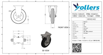 Stalen bokwiel, 200mm diameter, rubber loopvlak, rollager, 235mm bouwhoogte - Afbeelding 3