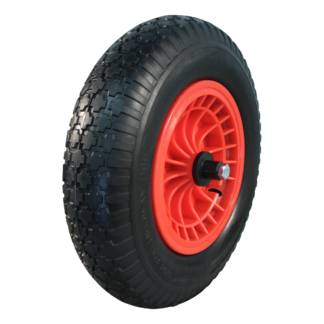 Kruiwagenwiel met as 125mm lengte, 400mm 4.00-8, kunststof velg, PU loopvlak anti-lek, rollager, LW921715