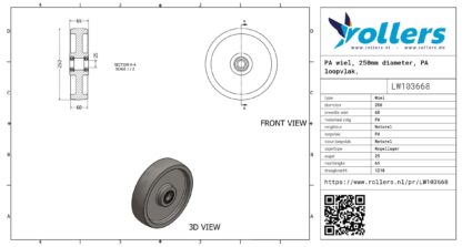PA wiel, 250mm diameter, PA loopvlak, kogellager - Afbeelding 3