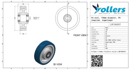 PA wiel, 150mm diameter, PU loopvlak, kogellager RVS - Afbeelding 3