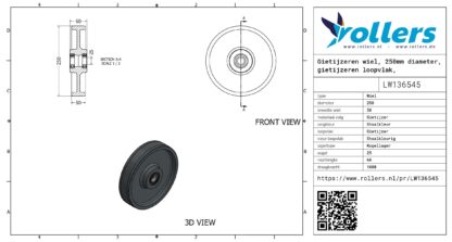 Gietijzeren wiel, 250mm diameter, gietijzeren loopvlak, kogellager - Afbeelding 3