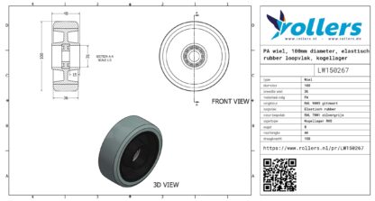 PA wiel, 100mm diameter, elastisch rubber loopvlak, kogellager RVS - Afbeelding 3