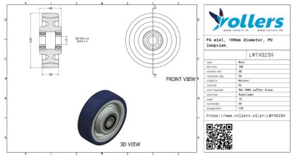 PA wiel, 100mm diameter, PU loopvlak, kogellager - Afbeelding 3