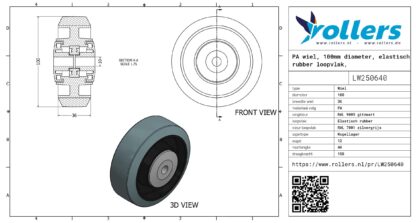 PA wiel, 100mm diameter, elastisch rubber loopvlak, kogellager - Afbeelding 3