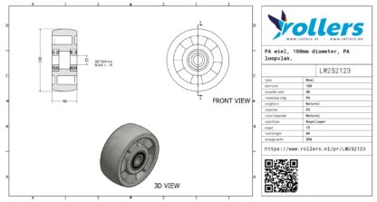 PA wiel, 100mm diameter, PA loopvlak, kogellager - Afbeelding 3