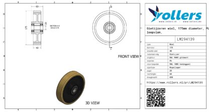 Gietijzeren wiel, 175mm diameter, PU loopvlak, kogellager - Afbeelding 3