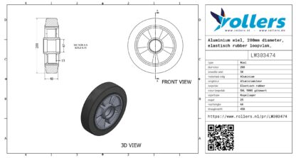 Aluminium wiel, 200mm diameter, elastisch rubber loopvlak, kogellager - Afbeelding 3