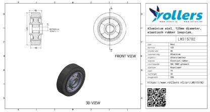 Aluminium wiel, 125mm diameter, elastisch rubber loopvlak, kogellager - Afbeelding 3