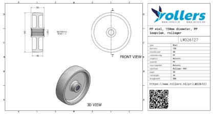 PP wiel, 150mm diameter, PP loopvlak, rollager RVS - Afbeelding 3