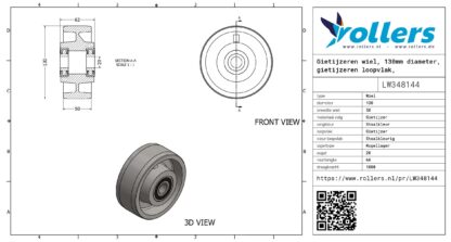 Gietijzeren wiel, 130mm diameter, gietijzeren loopvlak, kogellager - Afbeelding 3