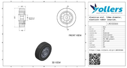 Aluminium wiel, 160mm diameter, elastisch rubber loopvlak, kogellager - Afbeelding 3