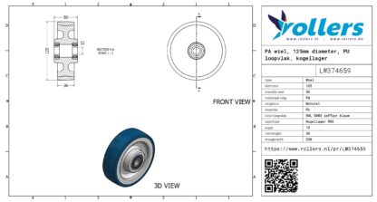 PA wiel, 125mm diameter, PU loopvlak, kogellager RVS - Afbeelding 3