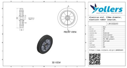 Aluminium wiel, 250mm diameter, elastisch rubber loopvlak, kogellager - Afbeelding 3