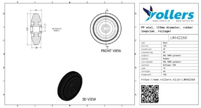 PP wiel, 125mm diameter, rubber loopvlak, rollager RVS - Afbeelding 2