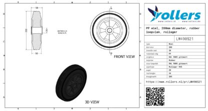 PP wiel, 200mm diameter, rubber loopvlak, rollager RVS - Afbeelding 3