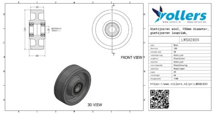 Gietijzeren wiel, 150mm diameter, gietijzeren loopvlak, kogellager - Afbeelding 2