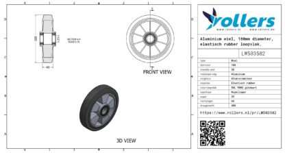 Aluminium wiel, 180mm diameter, elastisch rubber loopvlak, kogellager - Afbeelding 3