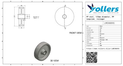 PP wiel, 125mm diameter, PP loopvlak, rollager RVS - Afbeelding 3