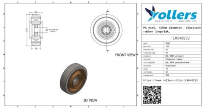 PA wiel, 125mm diameter, elastisch rubber loopvlak, kogellager - Afbeelding 3