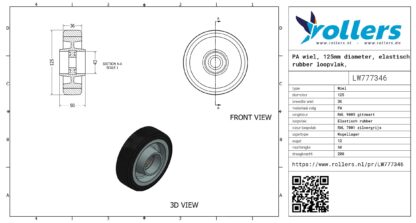 PA wiel, 125mm diameter, elastisch rubber loopvlak, kogellager - Afbeelding 3