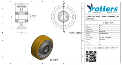 Aluminium wiel, 80mm diameter, PU loopvlak, kogellager - Afbeelding 2