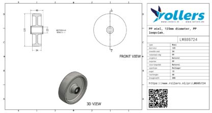 PP wiel, 125mm diameter, PP loopvlak, rollager - Afbeelding 3