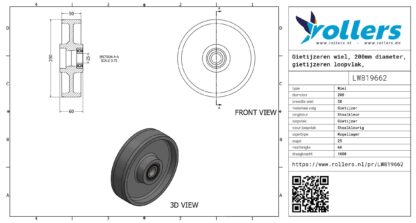 Gietijzeren wiel, 200mm diameter, gietijzeren loopvlak, kogellager - Afbeelding 3