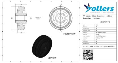 PP wiel, 80mm diameter, rubber loopvlak, rollager RVS - Afbeelding 3